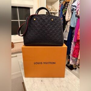 Louis Vuitton Navy Montaigne GM Handbag Monogram Empreinte W/ Leather Red Piping